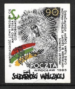 Kovojančio Solidarumo požemio pašto ženklas. Vroclavas 1985 m.